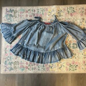 Saks Fifth Avenue Blue Ruffle Cold Shoulder Top